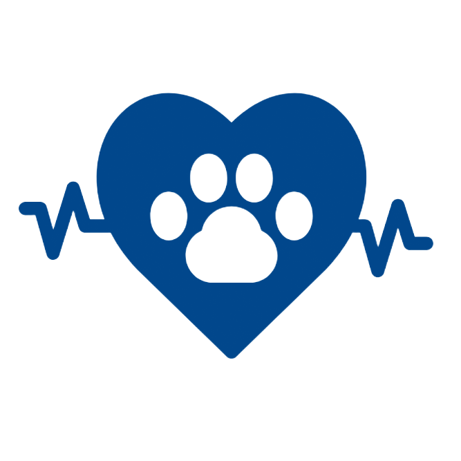 Blue heart with paw print and heartbeat line, veterinary symbol.