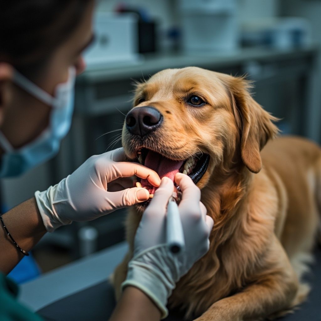 Veterinarian examining a golden retriever's teeth in a clinic. Dog is smiling.