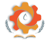 Logotipo de engranaje naranja con una gota blanca, ramas de laurel y un libro abierto en la parte inferior.