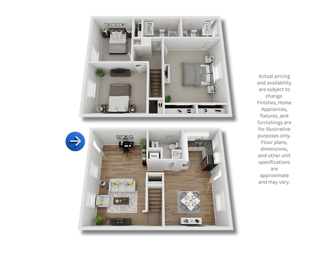 Floor plan render of a two-level apartment with rooms, furniture, and a blue arrow icon.