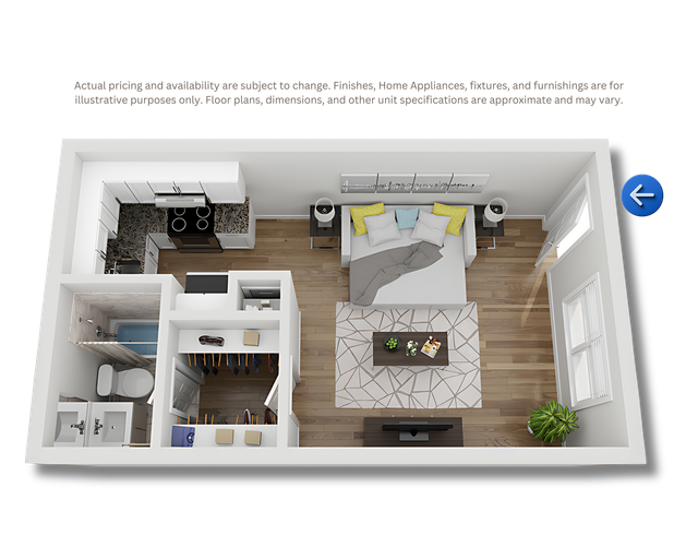 3D floor plan of a small apartment bedroom, bathroom, and kitchen with wood flooring and white walls