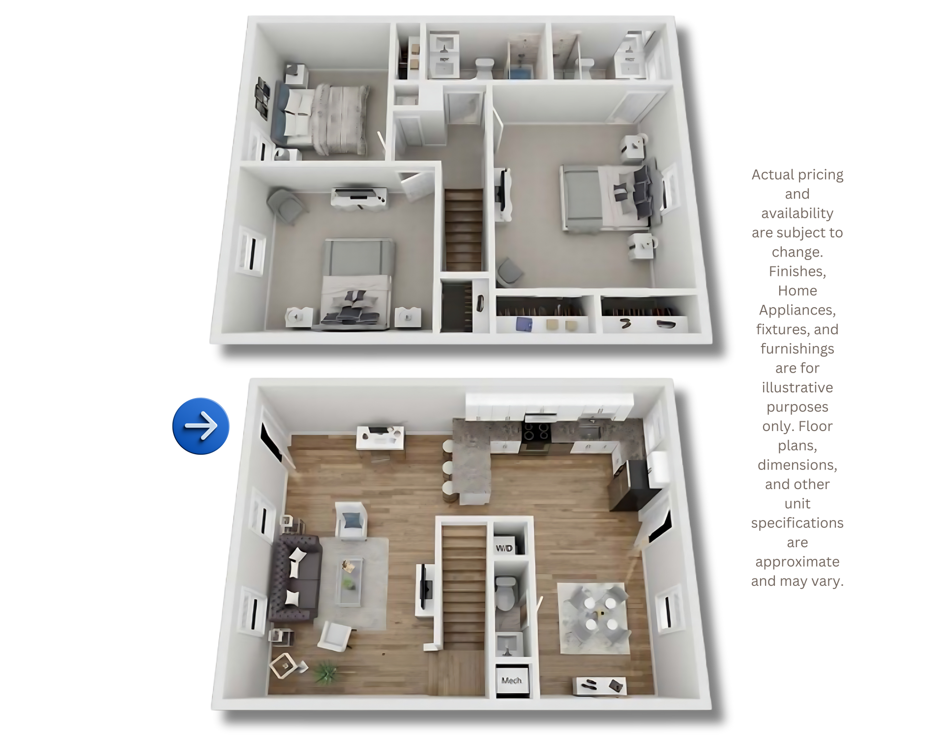 3D floor plan of a furnished apartment, showing bedrooms and living area with a wood floor in the main room