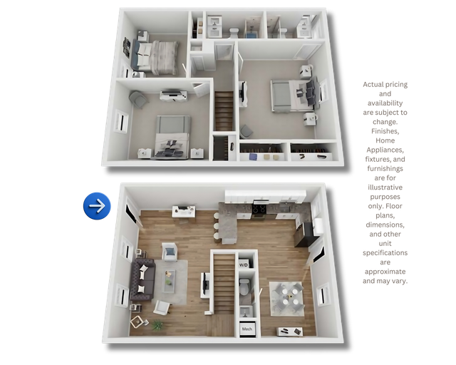3D apartment floor plan before-and-after view, showing furnished rooms and wood flooring under a white layout.