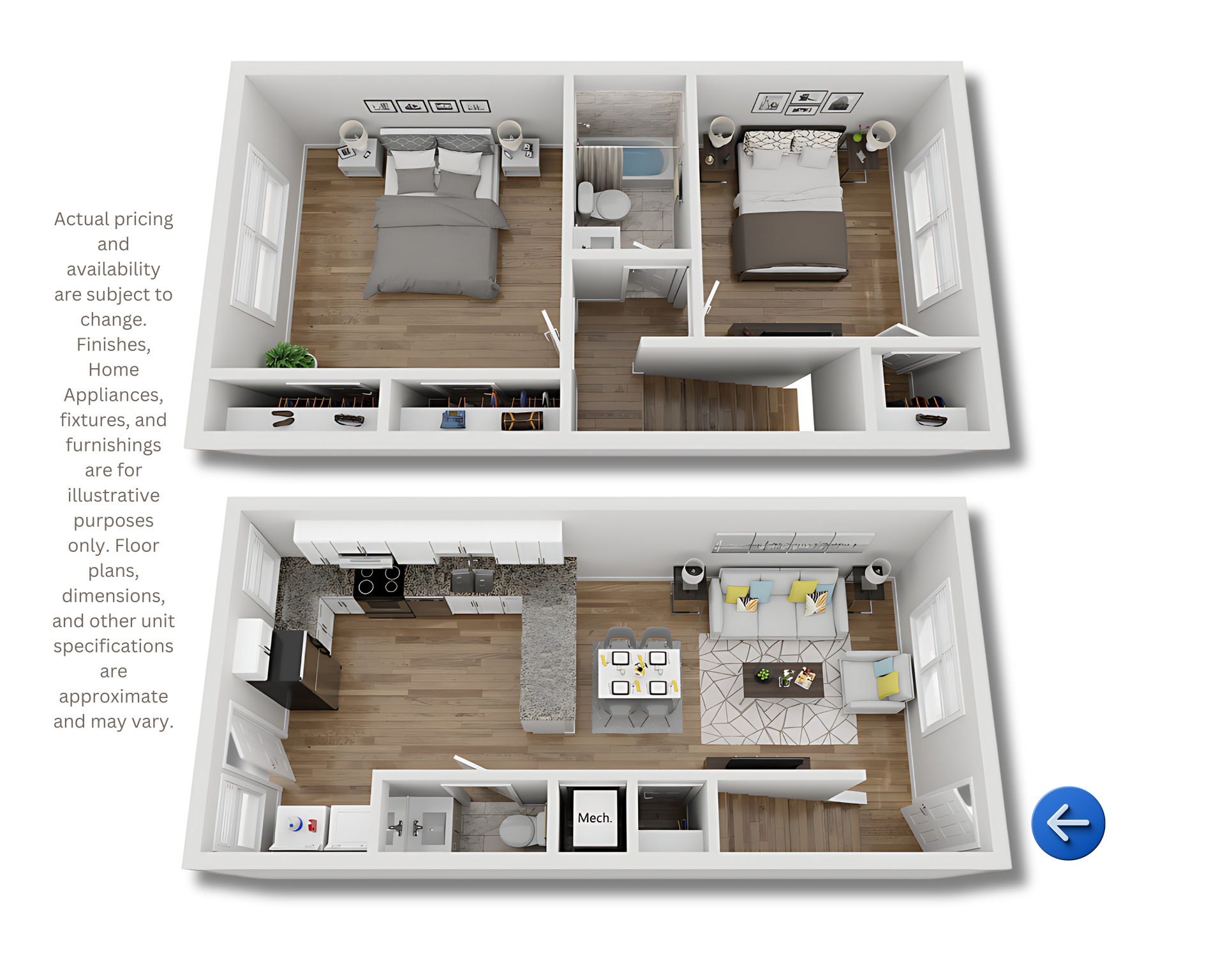 3D floor plan of a two-bedroom apartment, showing furnished rooms and kitchen-living area