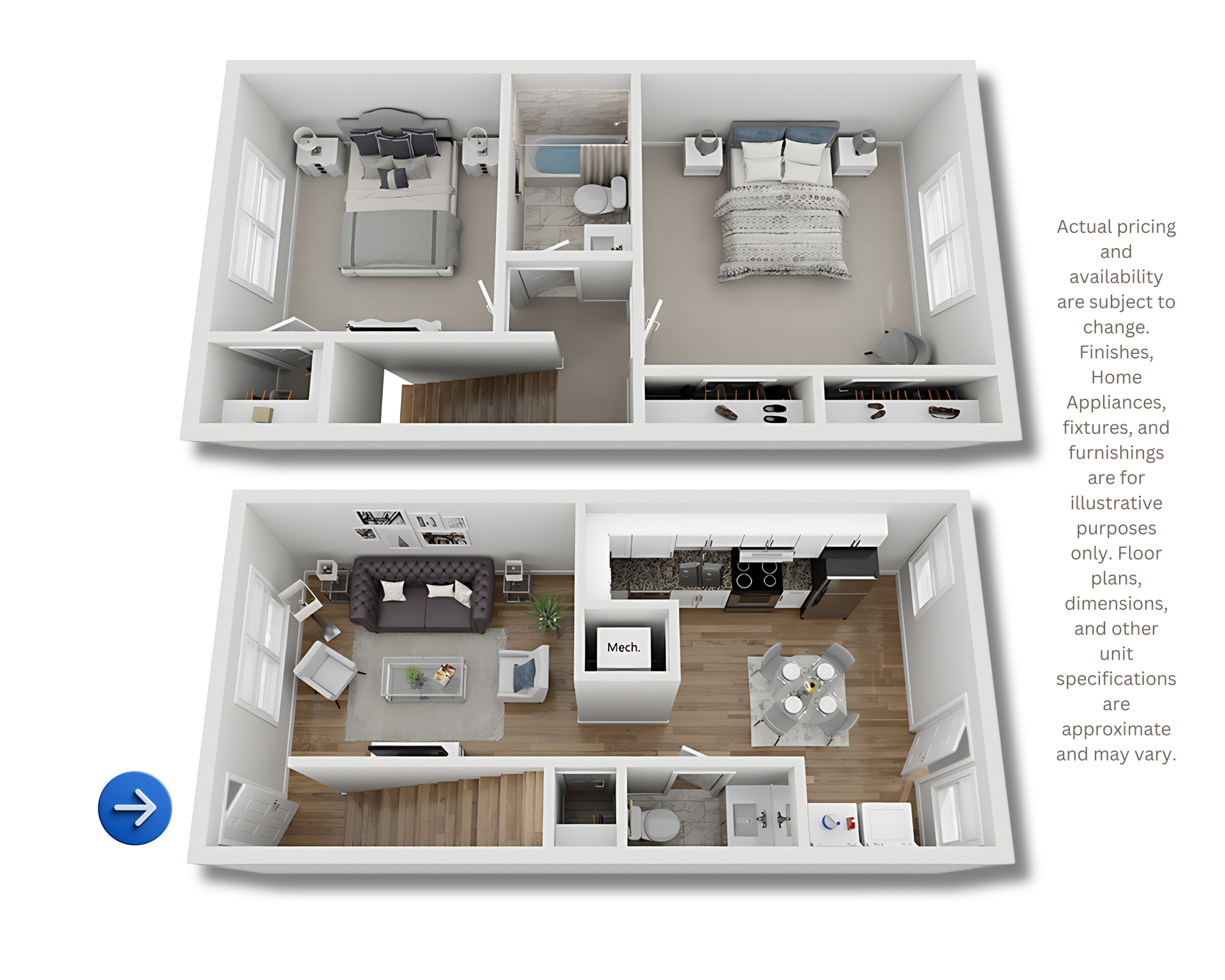3D floor plan of a small apartment with bedroom, bathroom, kitchen, and living room shown in white and wood tones