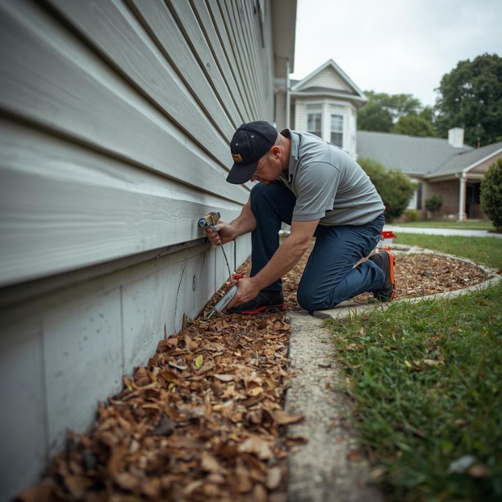 A clean, professional photo of a pest control technician conducting an inspection at a Lebanon, TN home