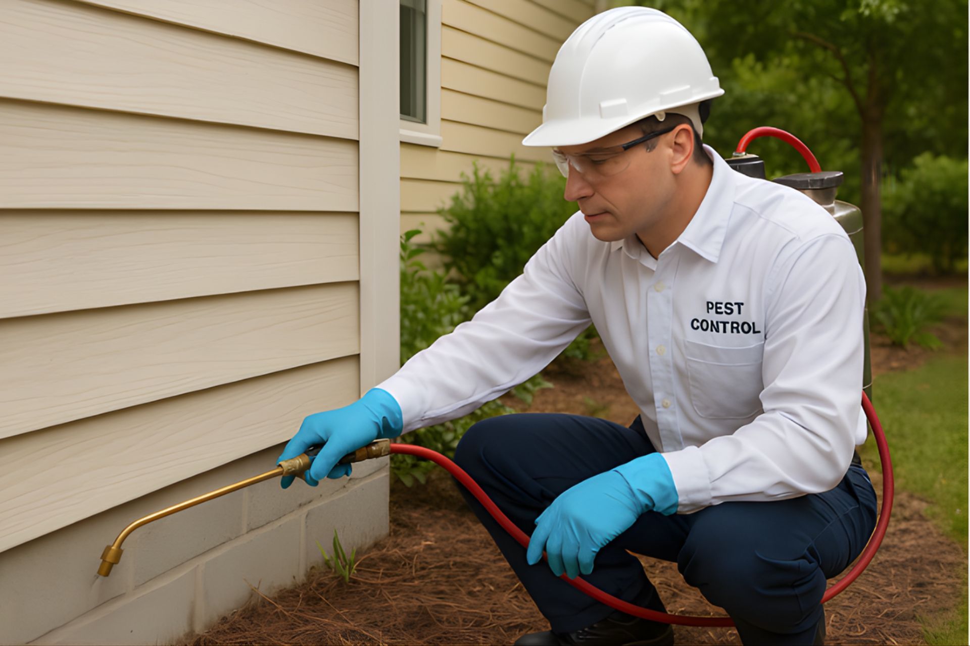 Pest control worker spraying insecticide on the foundation of a house.
