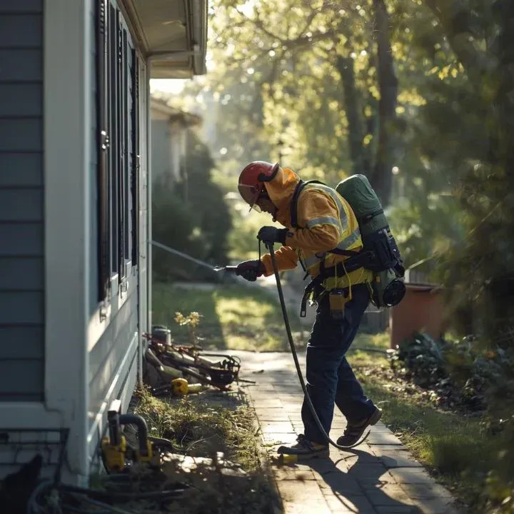 Person in safety gear spraying a house. House is light blue, surrounded by trees.