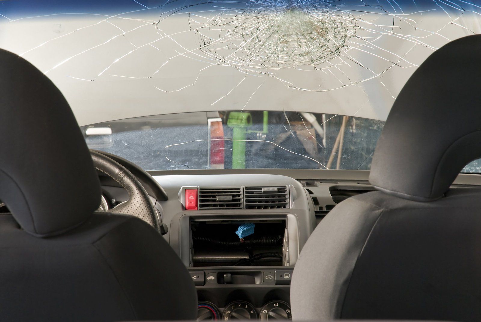broken windshield of the car