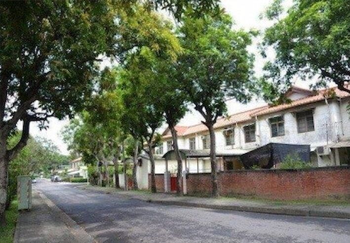 一條安靜的住宅街道，綠樹成蔭，紅磚牆後面是白色的房子。街道兩旁是白色的房屋，後方是紅磚牆。