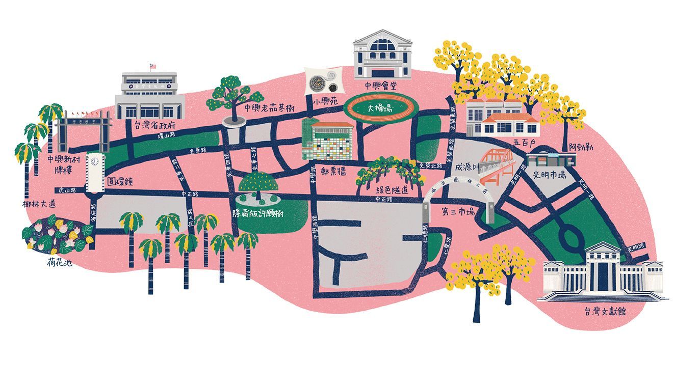 粉紅色背景的公園校園示意圖，包含小徑、樹木、建築物和標註的地標。