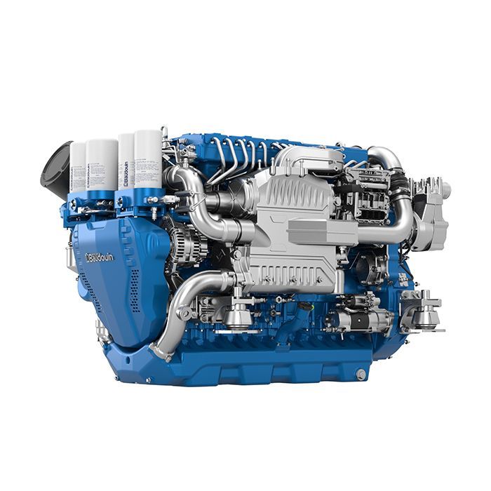 A blue and silver engine on a white background.