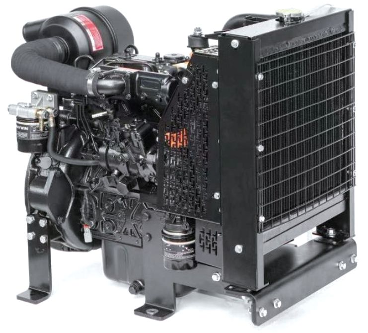 A close up of a black engine with a radiator on a white background