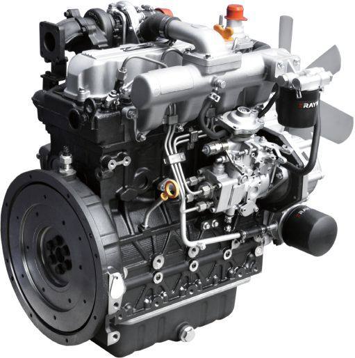 A close up of a diesel engine on a white background