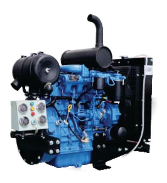 A blue diesel engine is sitting on a white background.