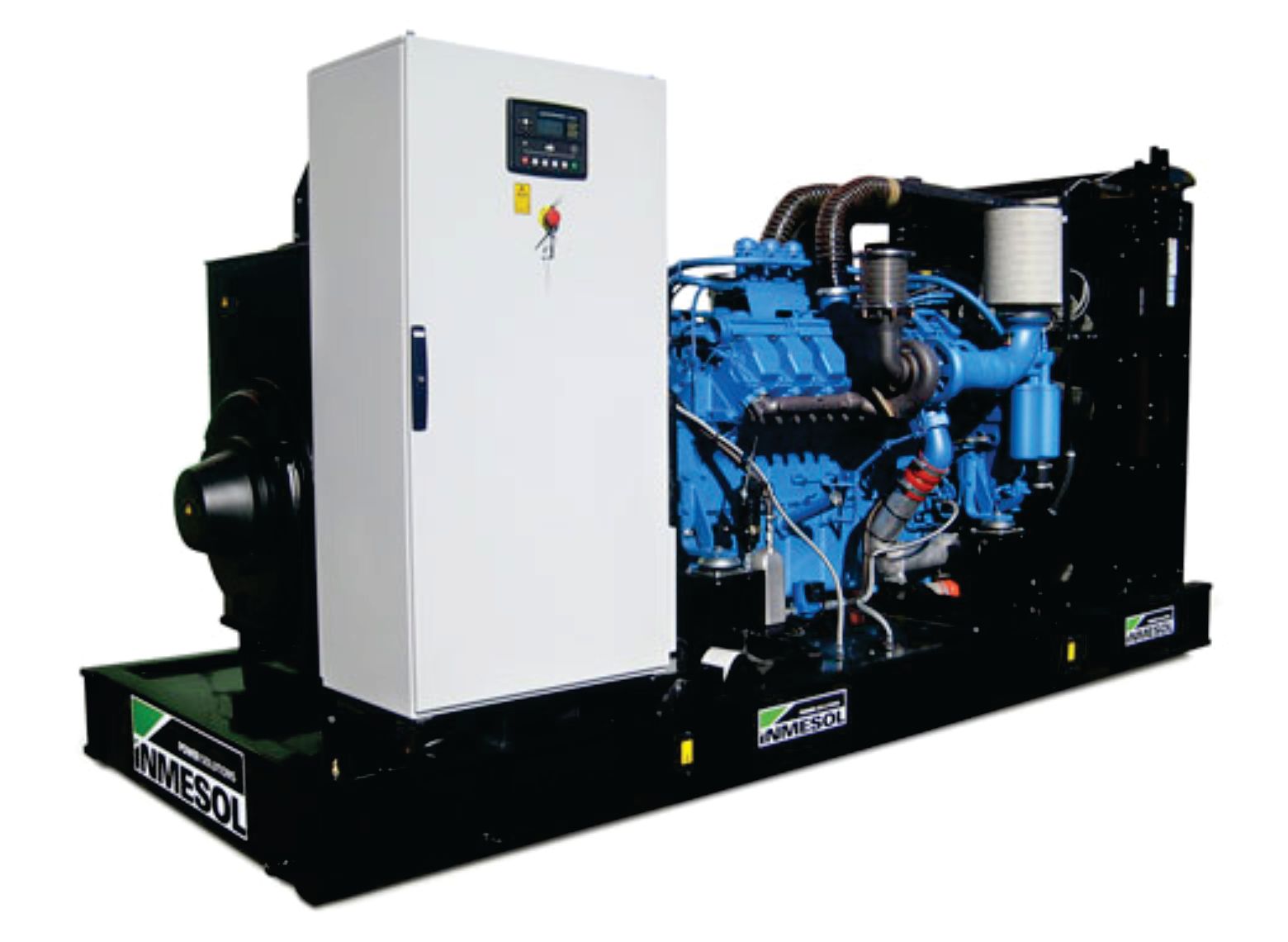 A generator with a blue engine and a white cabinet