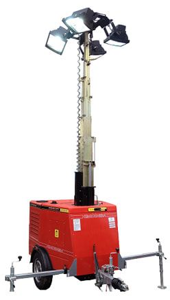 A red trailer with a light tower attached to it on a white background.