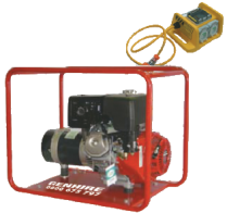 A red generator with a yellow cord attached to it