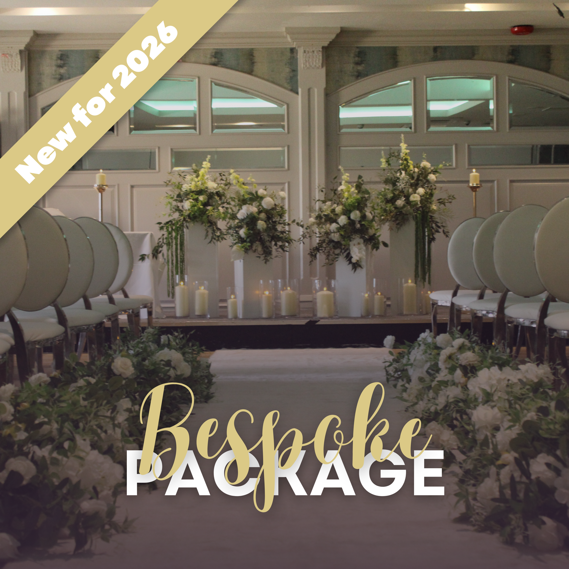 Elegant floral event setup with a white cake, draped backdrop, and neon sign reading “Allure Package.”
