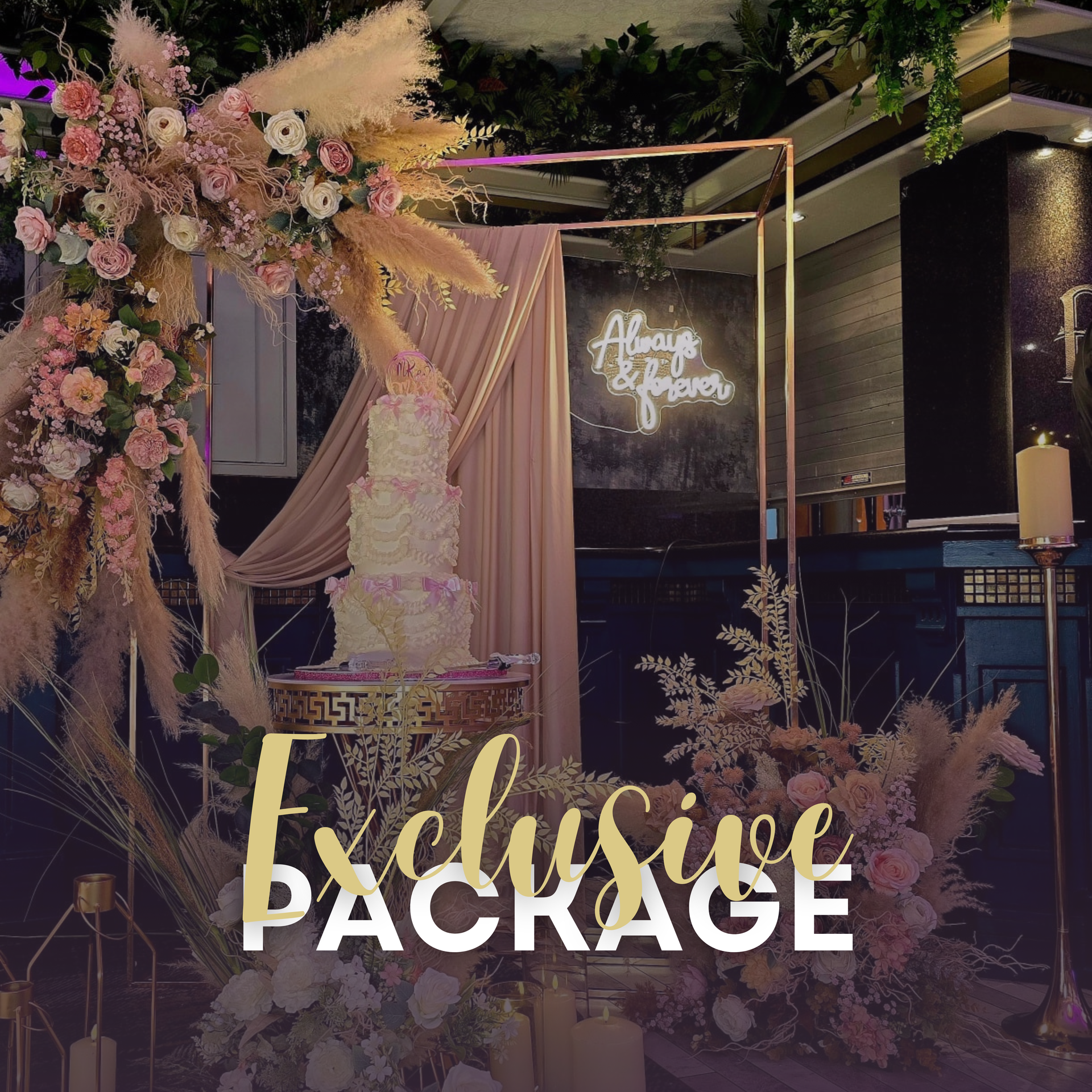 Elegant floral event setup with a white cake, draped backdrop, and neon sign reading “Allure Package.”