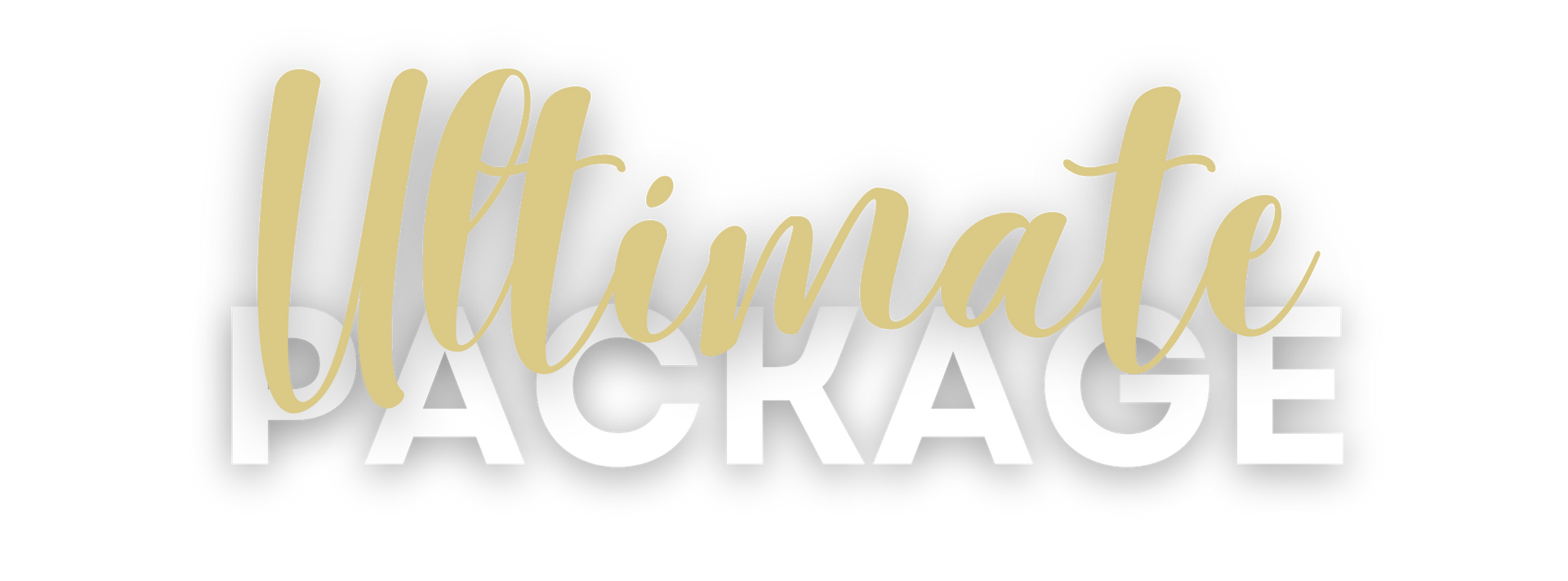 Gold script text “Ultimate” over white block text “PACKAGE” on a pale background