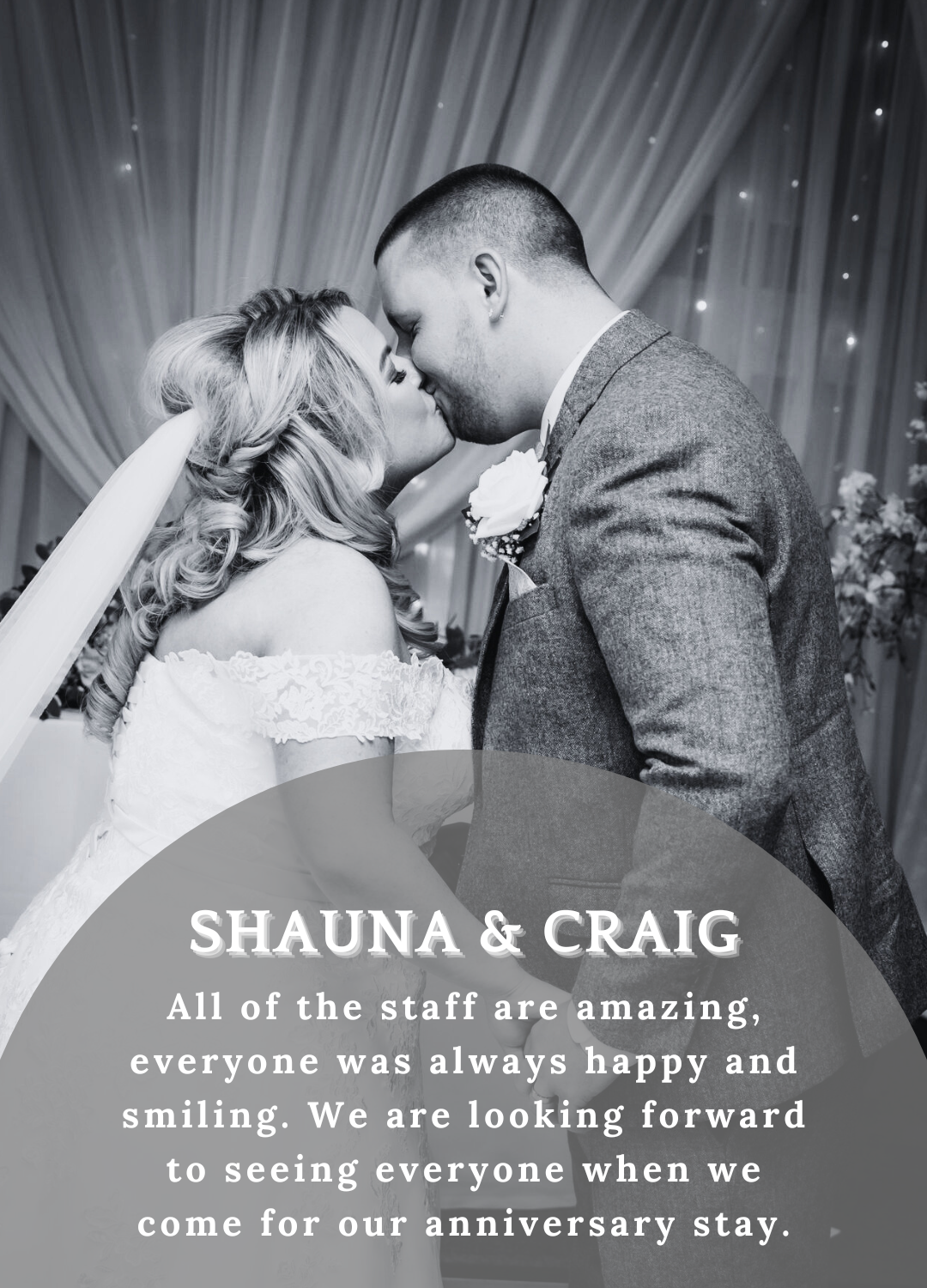 Wedding couple kissing under draped lights; text reads “Shauna & Craig” with a thank-you message.