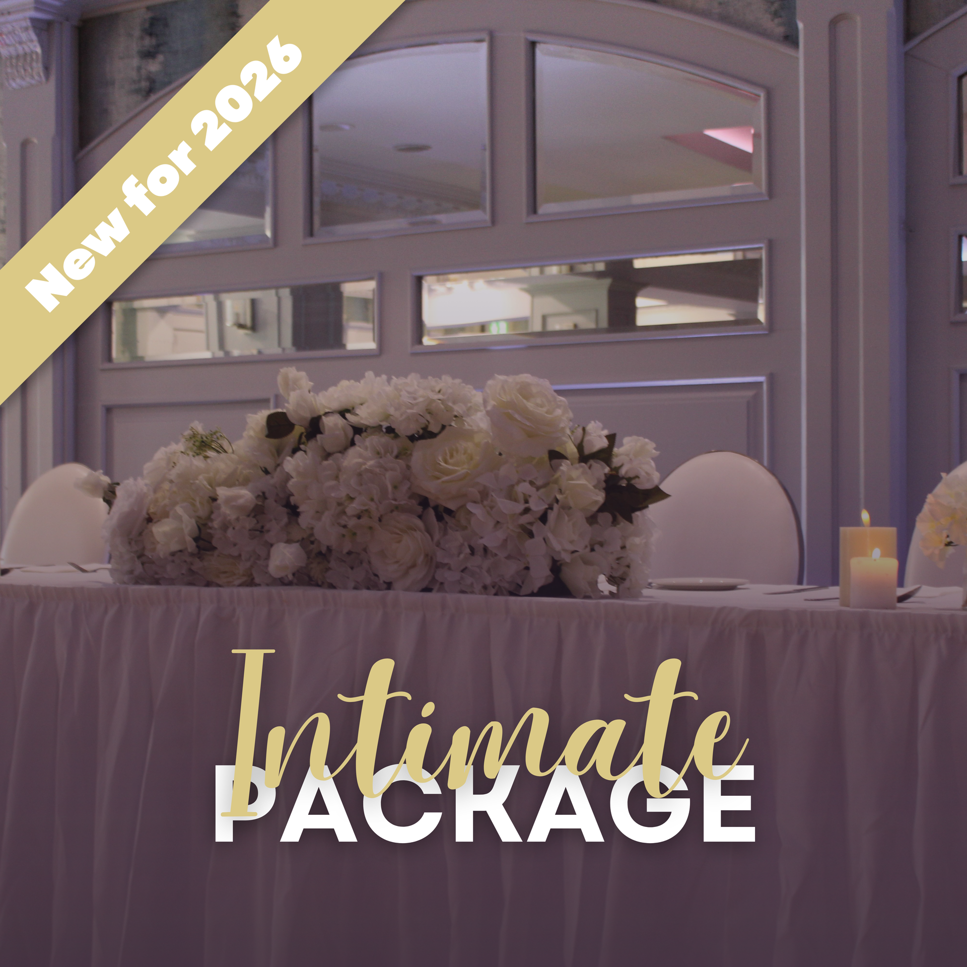 Elegant banquet hall with white table settings, draped lights, and “Traditional Package” text overlay