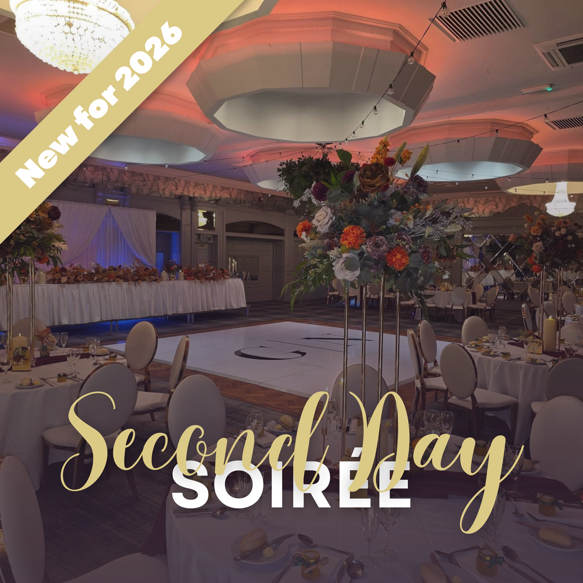 Floral wedding aisle with white chairs and pink blossoms under soft purple lighting, text reading “Ultimate Package”