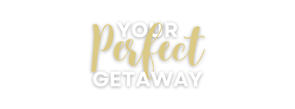 Logo with gold cursive “Your Perfect” above white block “GETAWAY” on a light background