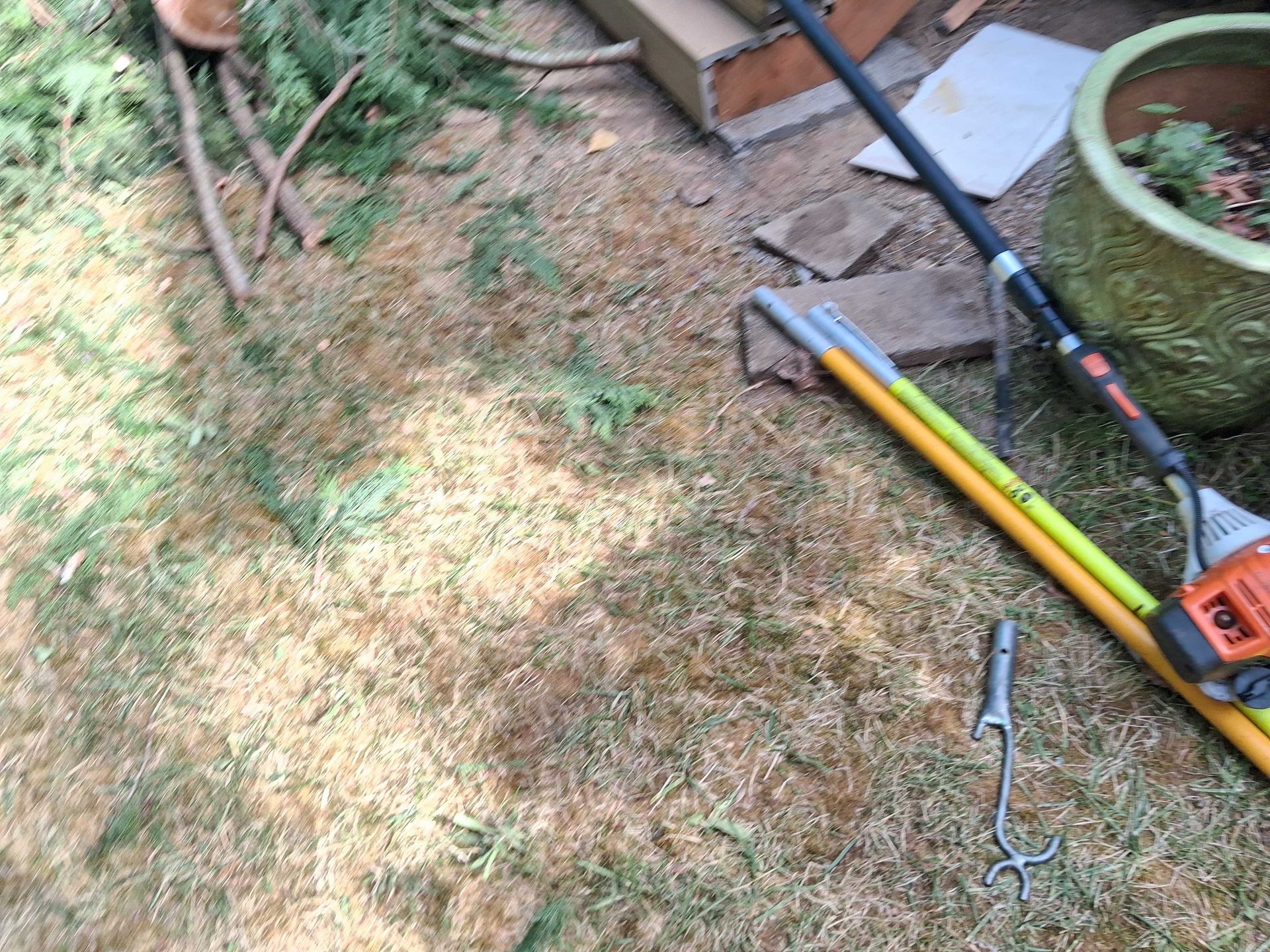 Garden tools on dry grass beside a stone border and potted plant.