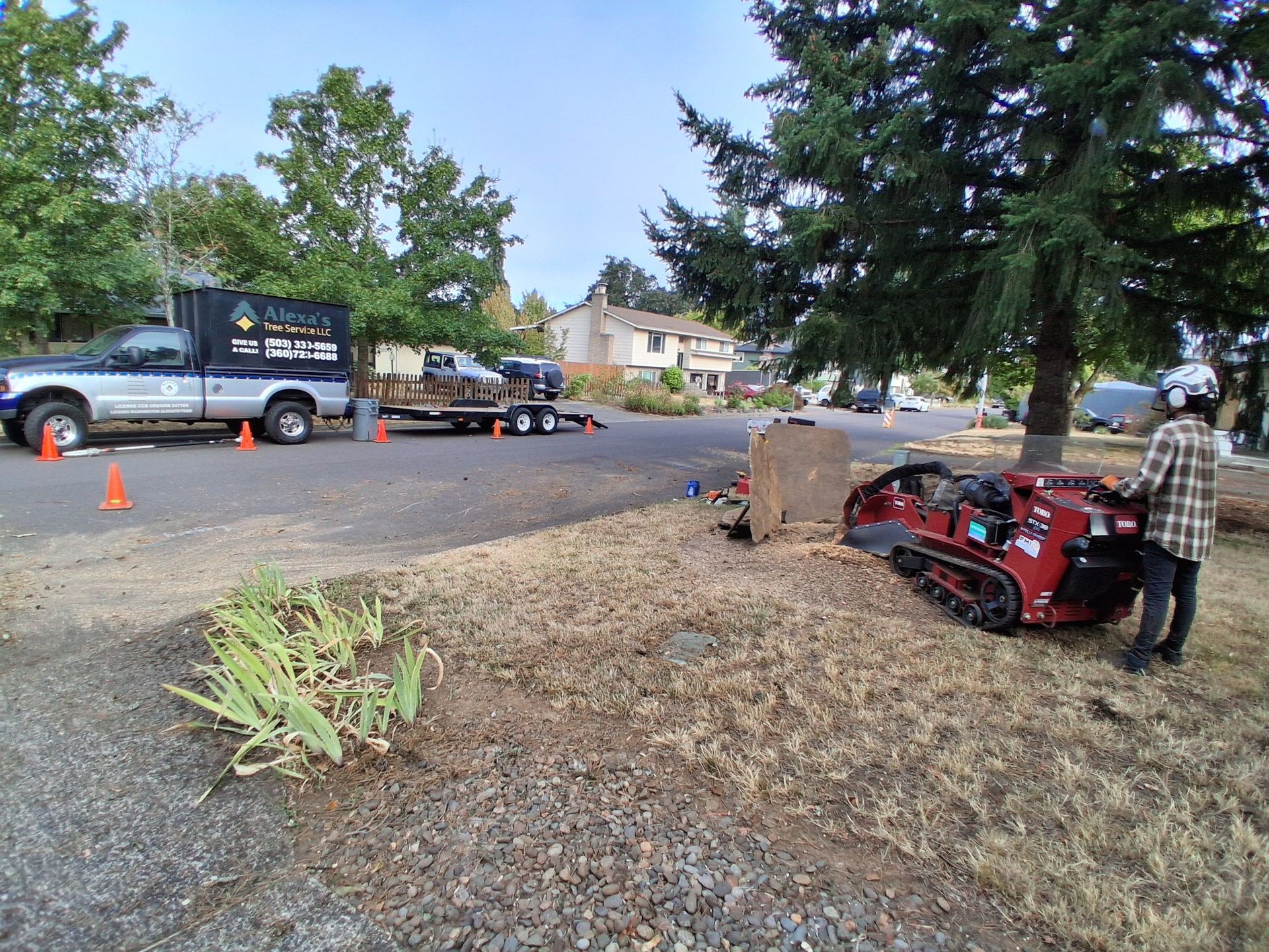 Truck towing a red skid steer on a street with traffic cones and a worker nearby