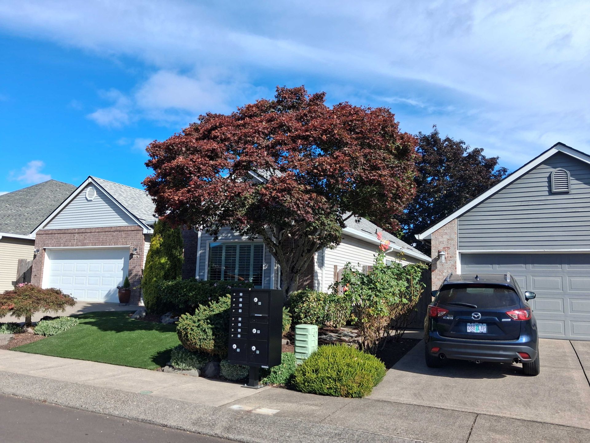 Suburban house with a large tree in front and a black SUV parked in the driveway.
