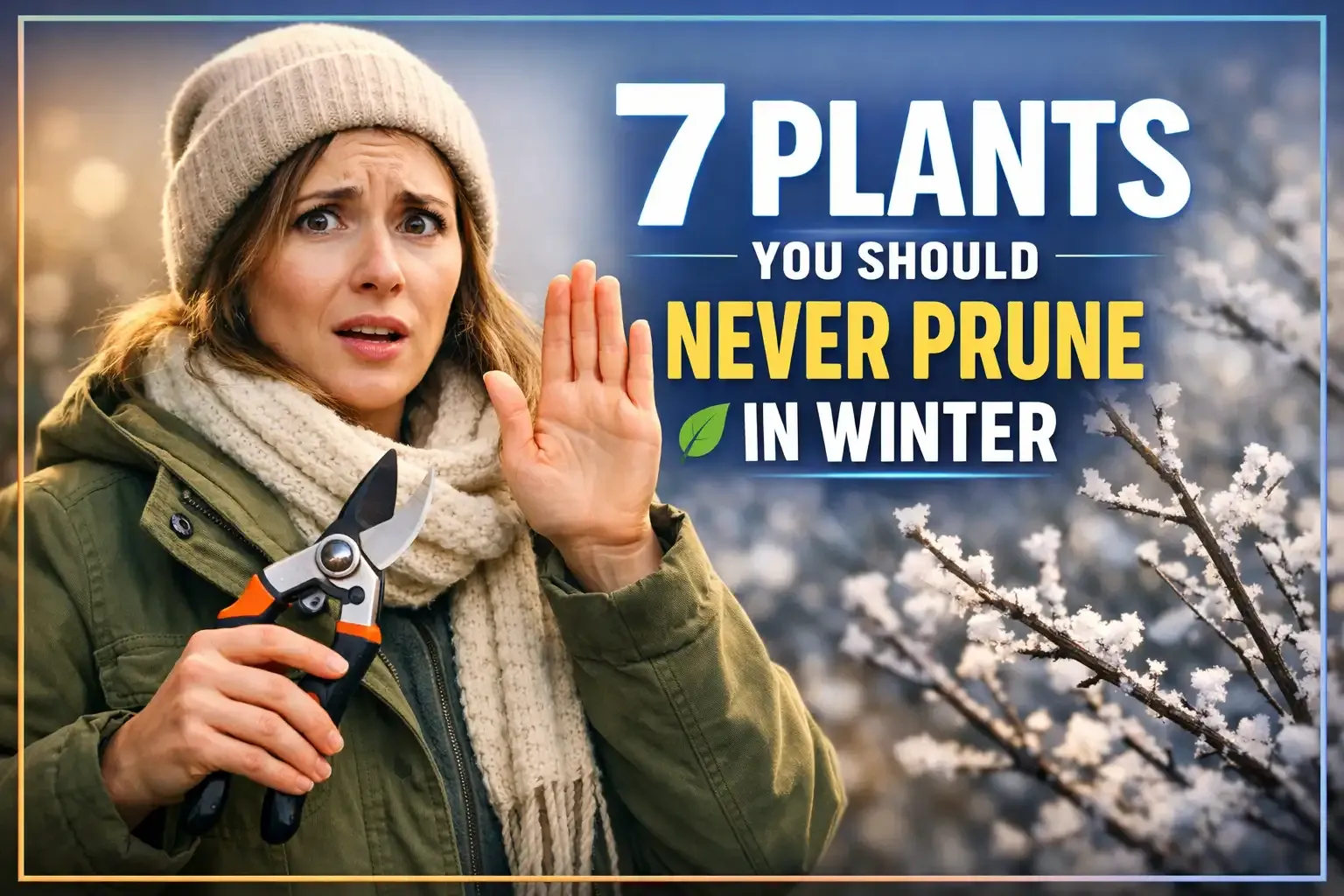 Gardener holding pruning shears beside flowering branches with text: “7 plants you should never prune in winter”