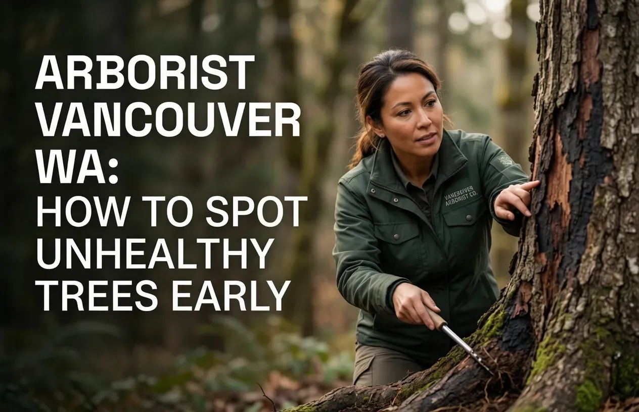 Arborist examining tree roots in Vancouver, WA, with text: “How to spot unhealthy trees early”