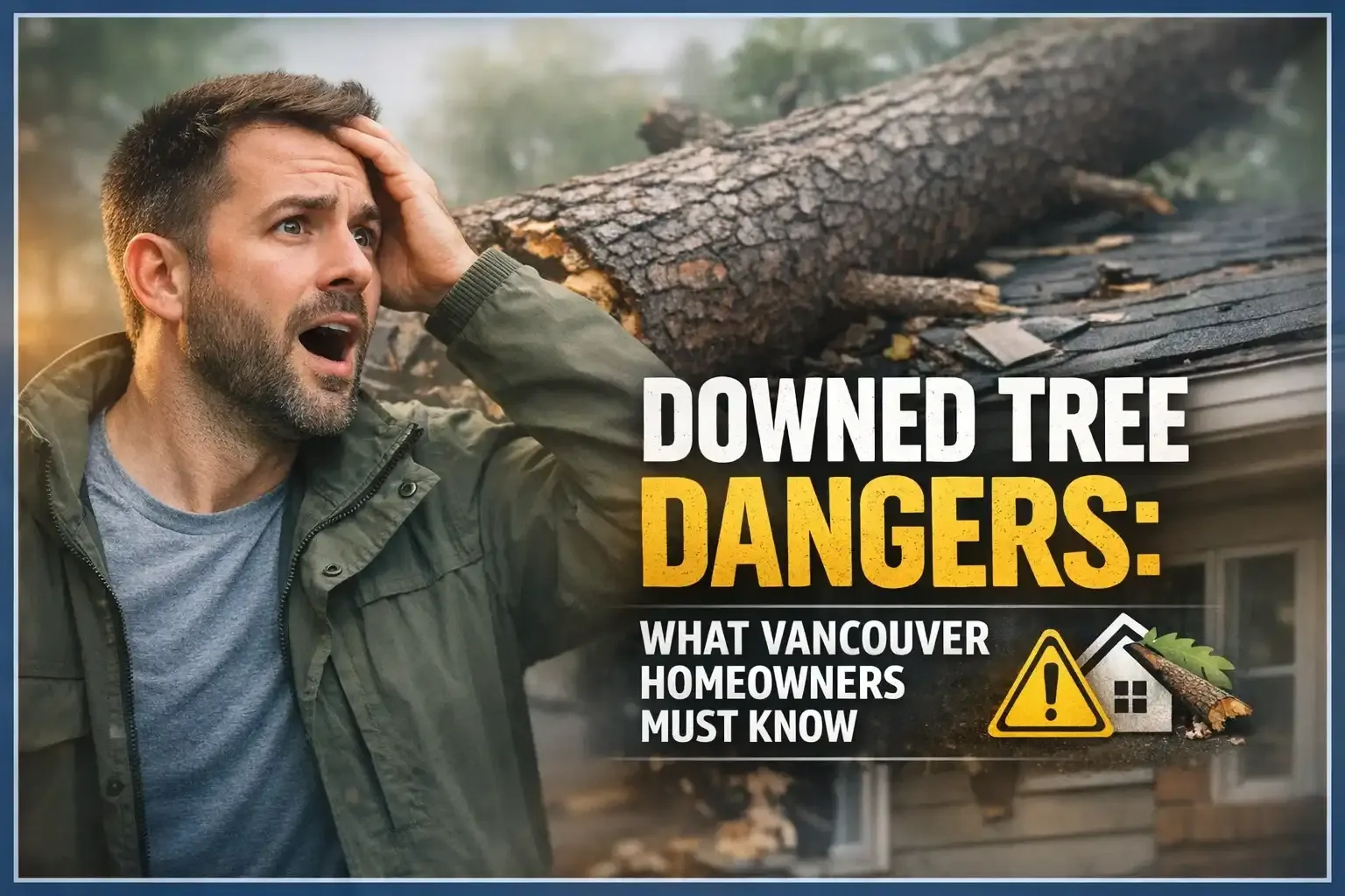 Homeowner shocked beside fallen tree; bold text reads “DOWNED TREE DANGERS: What Vancouver homeowners must know”