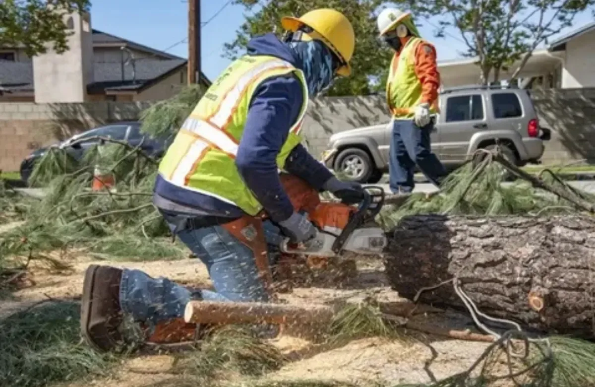 Workers using chainsaws to cut up a fallen tree in a residential yard