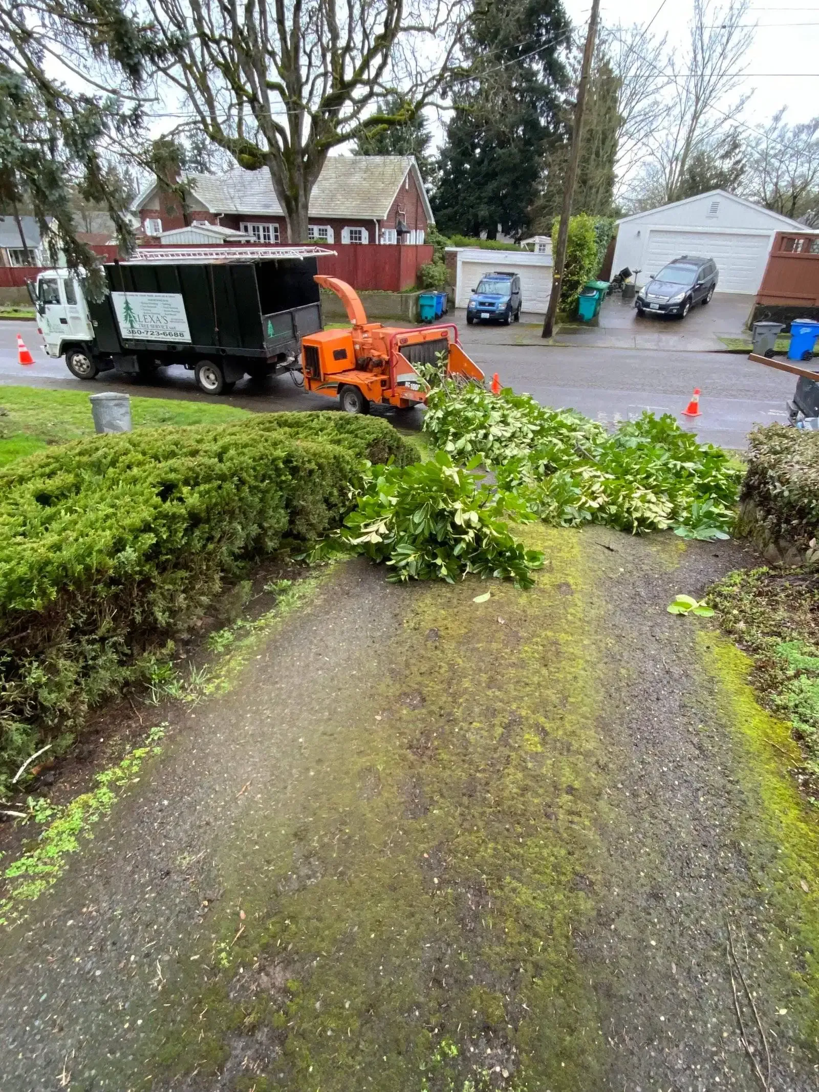 Storm debris piled on a driveway beside a black truck and orange wood chipper in a wet suburban yard.