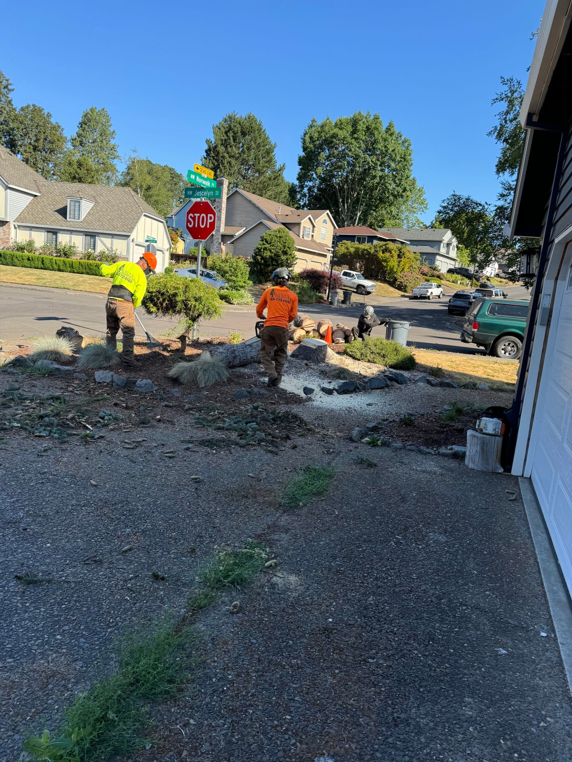Road repair crew using tools on a gravel street in a sunny neighborhood