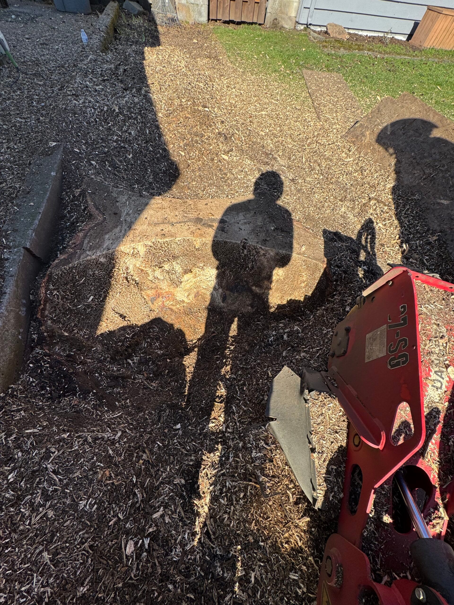 Shadows of two people on gravel beside a red lawn mower and a black tarp in a backyard