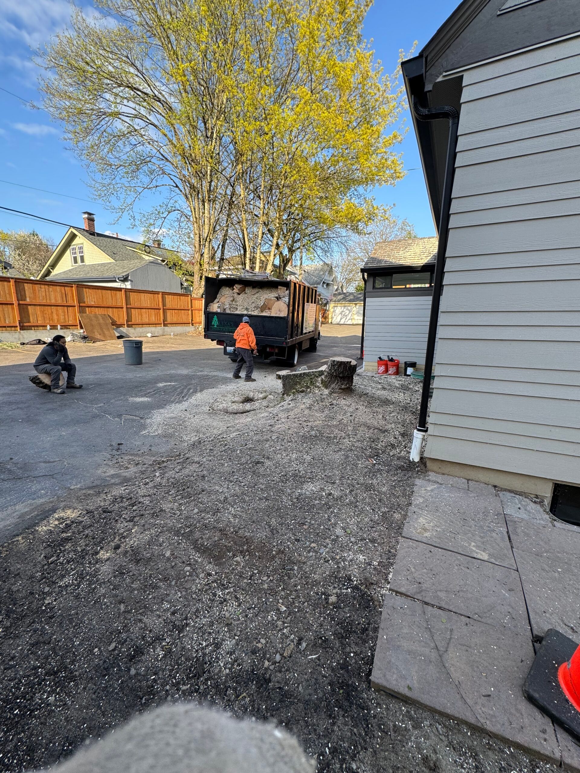 Backyard with gravel, a large tree, a wooden fence, and a child near a small playhouse.