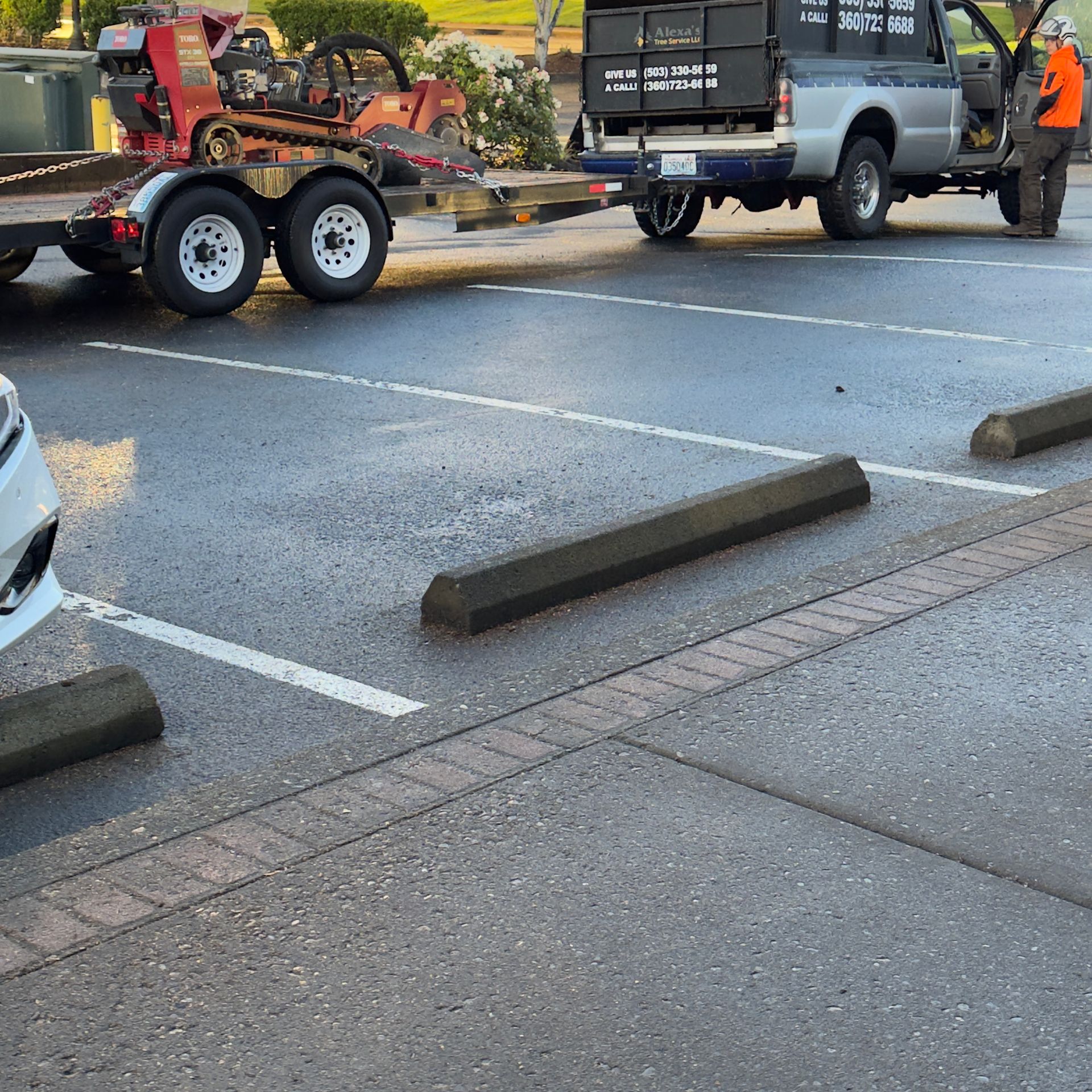 Truck towing red utility vehicle in a parking lot, with wheel stops and sidewalk in foreground