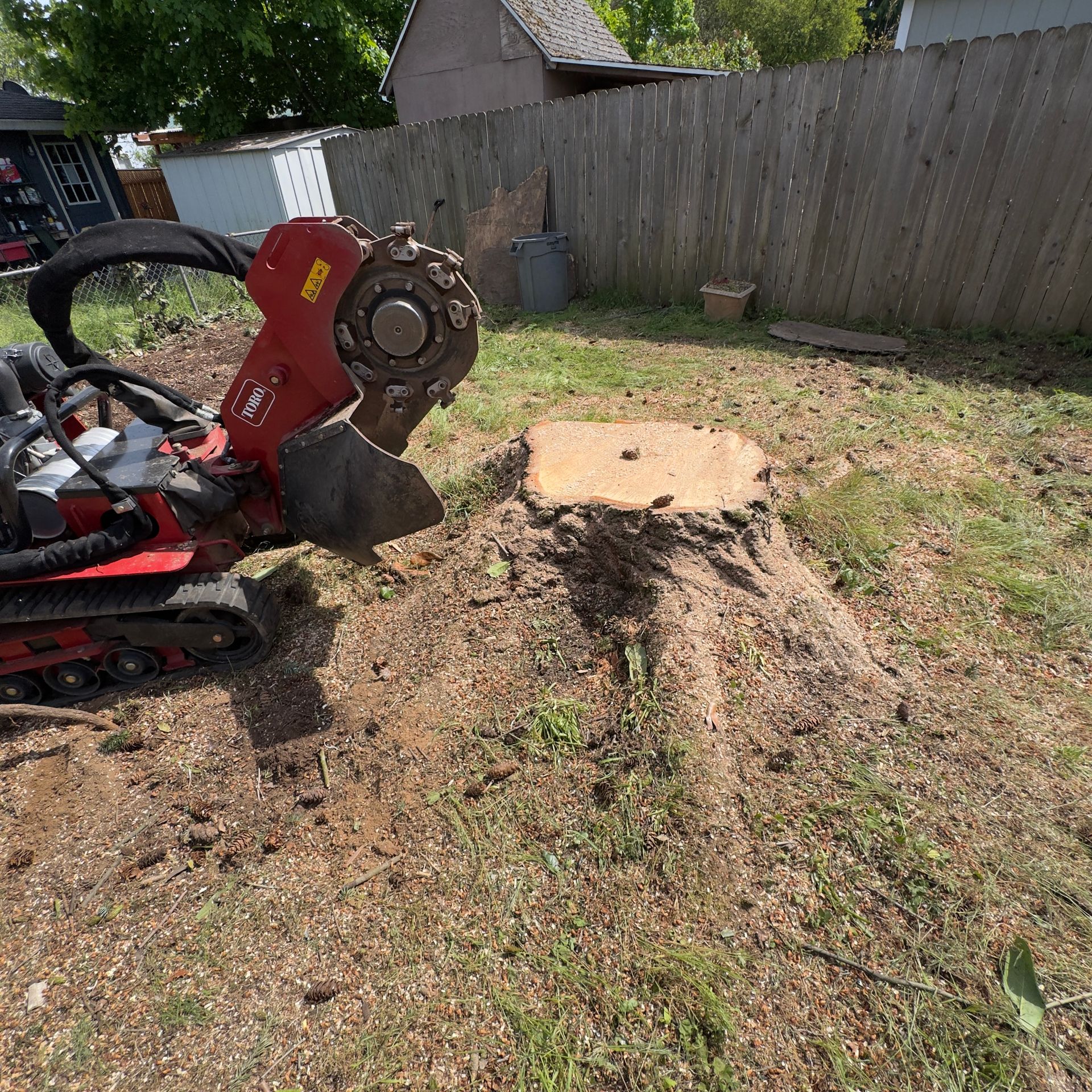 Backyard stump being ground down by a red stump grinder, with mulch and dirt piled around it