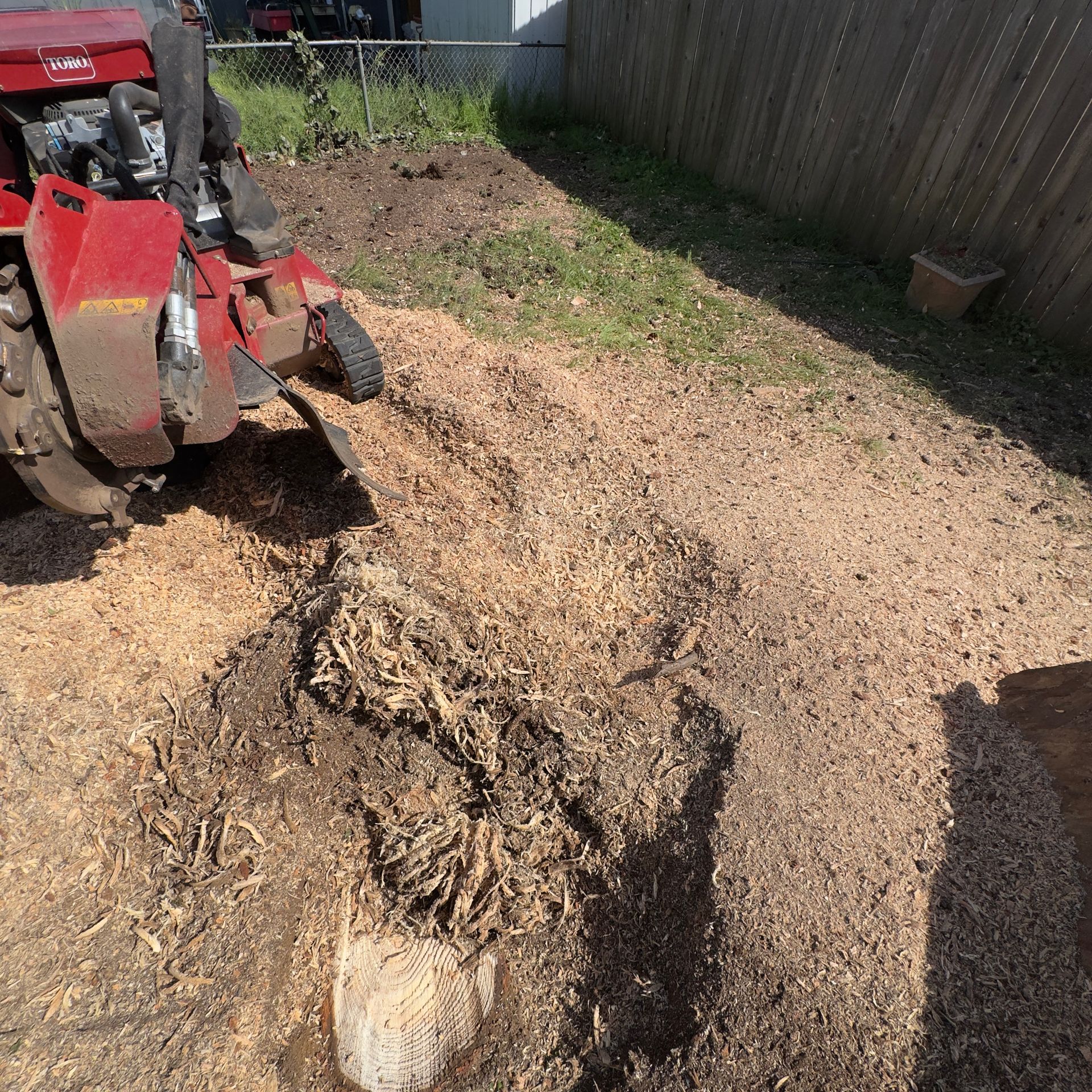 Red tractor using a loader to move a pile of wood chips in a yard