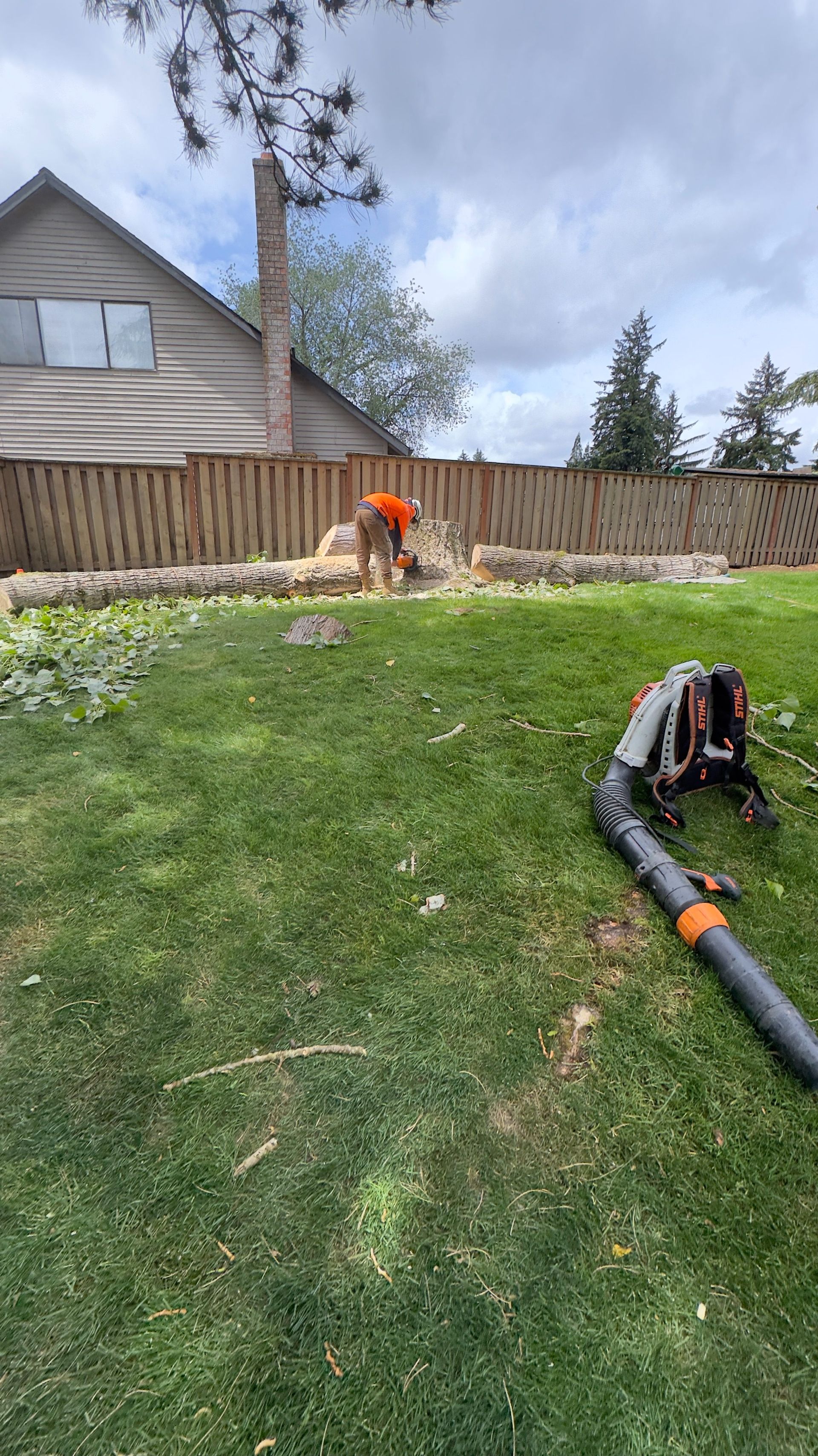 Person using a leaf blower in a backyard with a wooden fence and overcast sky.