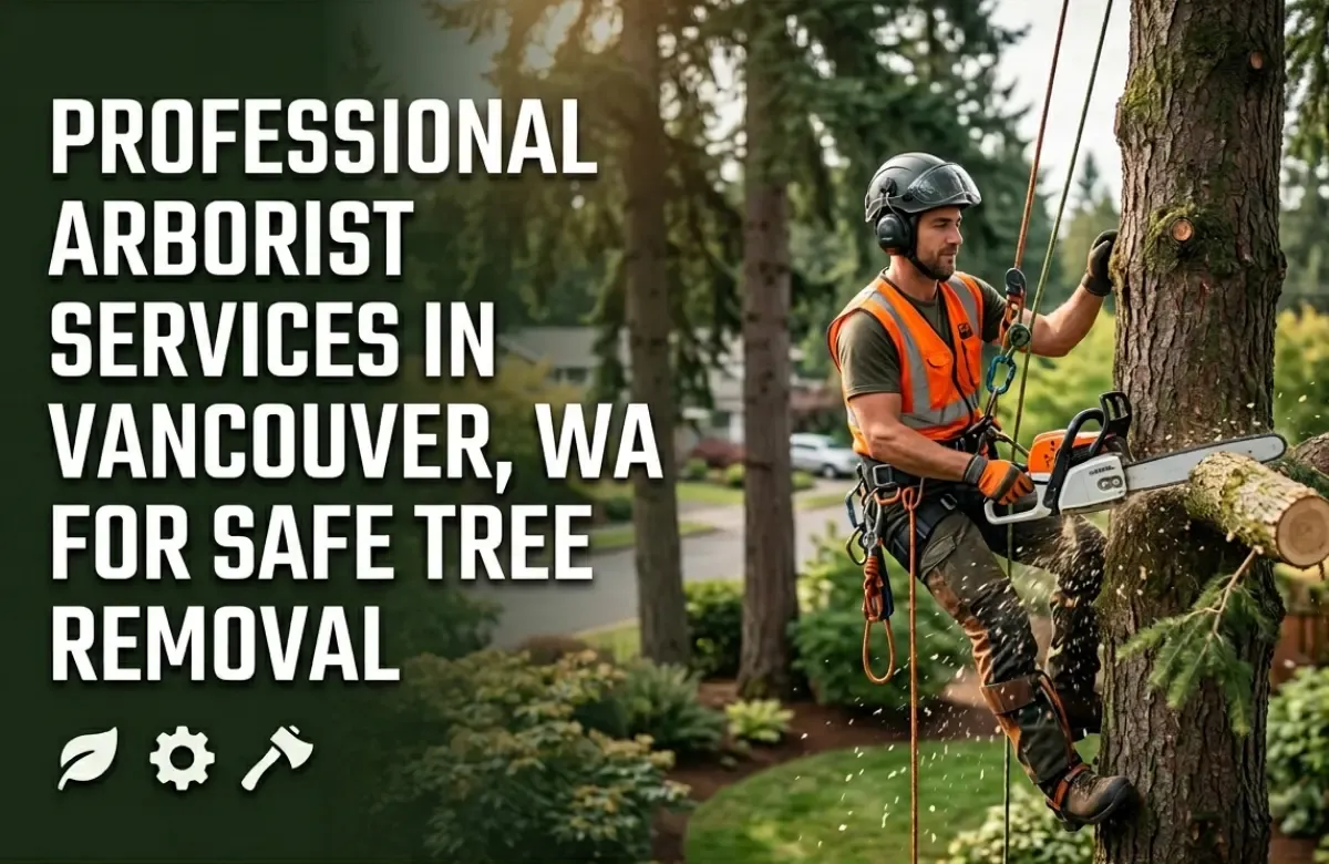 Professional arborist trimming a tree in Vancouver, WA, with text about safe tree removal