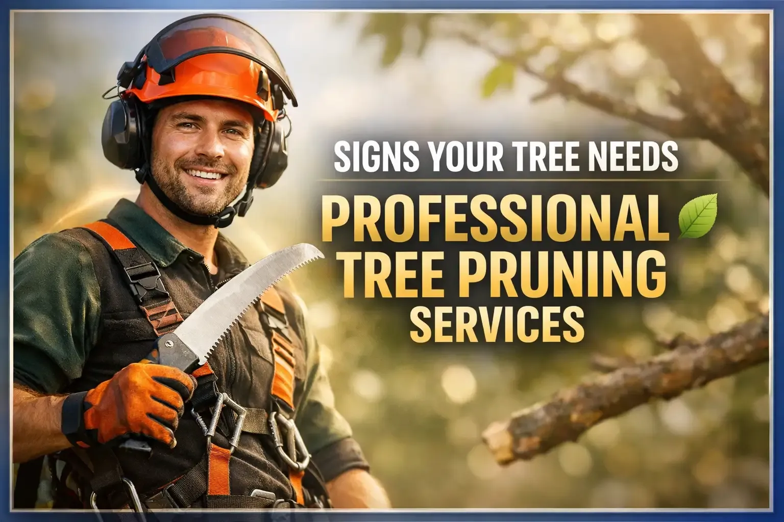 Arborist in orange helmet with chainsaw beside text: “Signs your tree needs professional tree pruning services.”