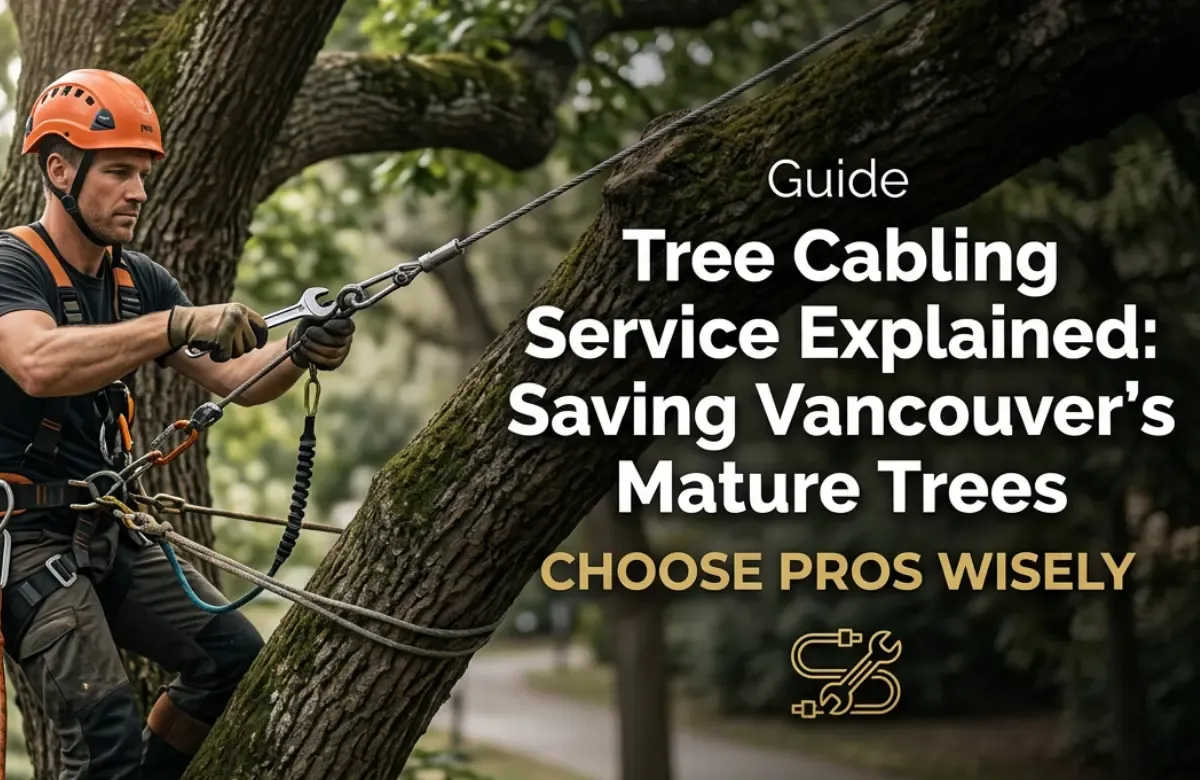 Tree climber in orange helmet on ropes beside text: “Tree Cabling Service Explained: Saving Vancouver’s Mature Trees”