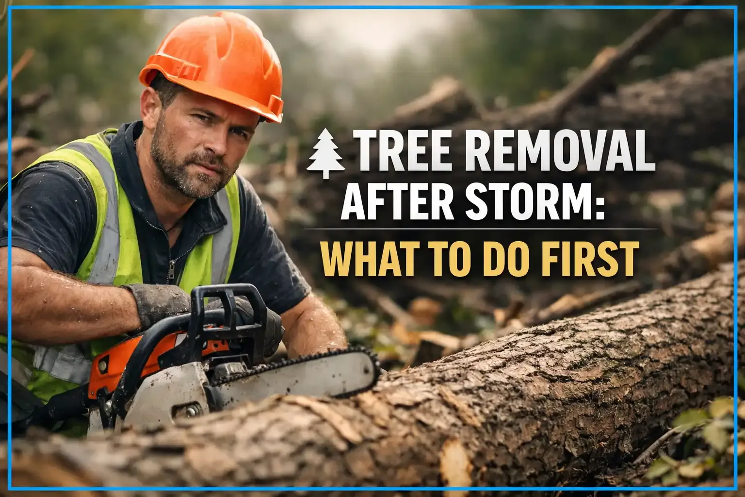 Arborist in orange helmet cutting storm-damaged tree, with text: “Tree removal after storm: what to do first”
