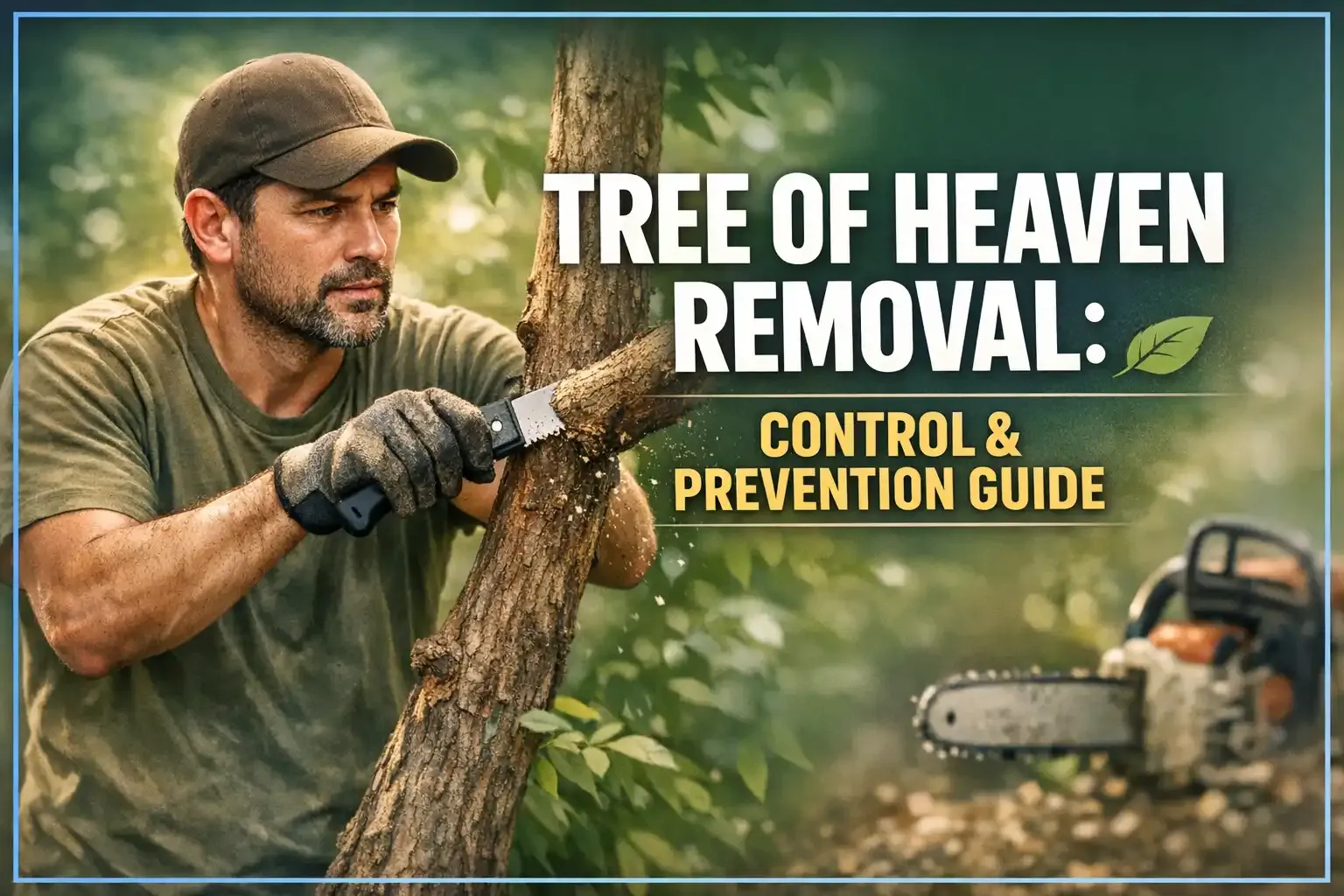 Man with chainsaw cutting tree trunk; text reads “Tree of Heaven Removal: Control & Prevention Guide”