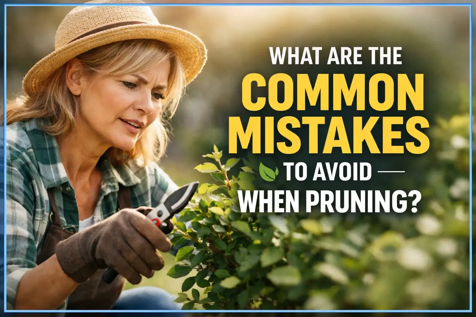 Gardener pruning a plant with text: “What are common mistakes to avoid when pruning?”